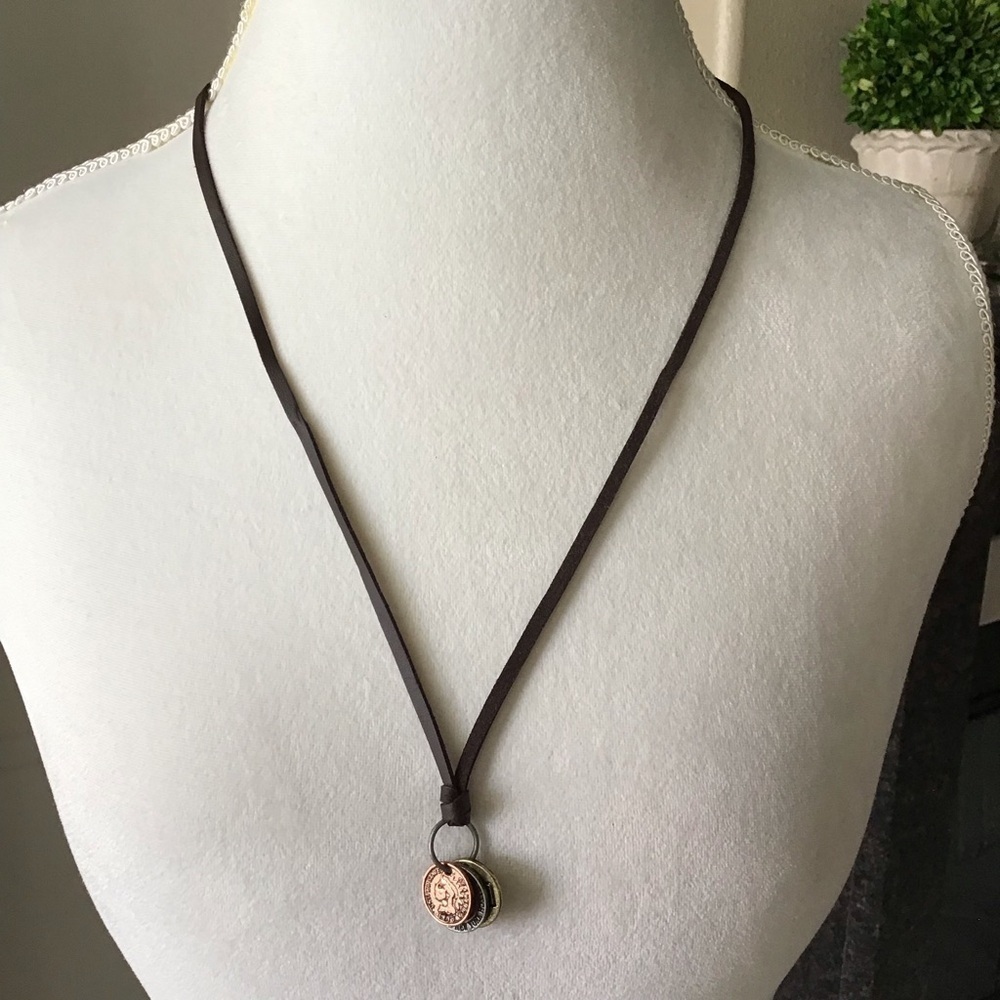 Leatherette ADJUSTABLE Necklace 3 Faux Coins Surfer Boho Style Unisex Slide NEW - Picture 5 of 13